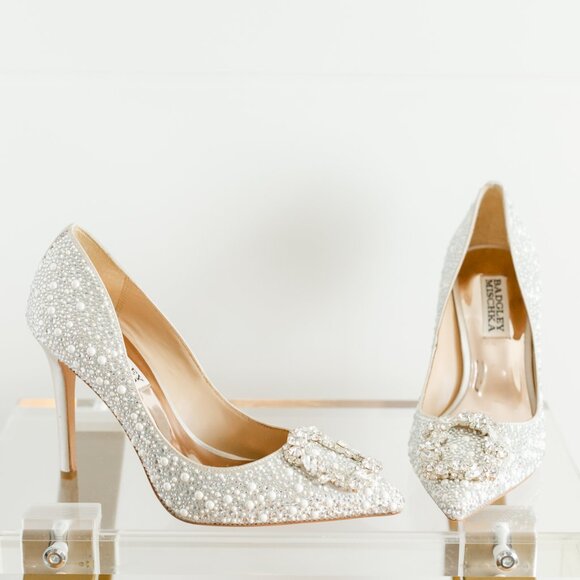 Badgley Mischka Cher II Ivory Pearl Diamond Pointed Toe Stiletto 5 Bride - Picture 7 of 15